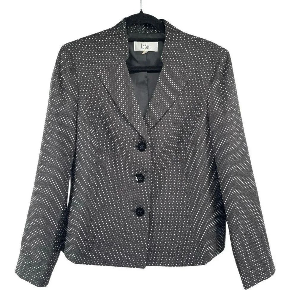 Le Suit Women’s Black Polka Dot Blazer Size 12 Three-Button Stand Collar Lapel